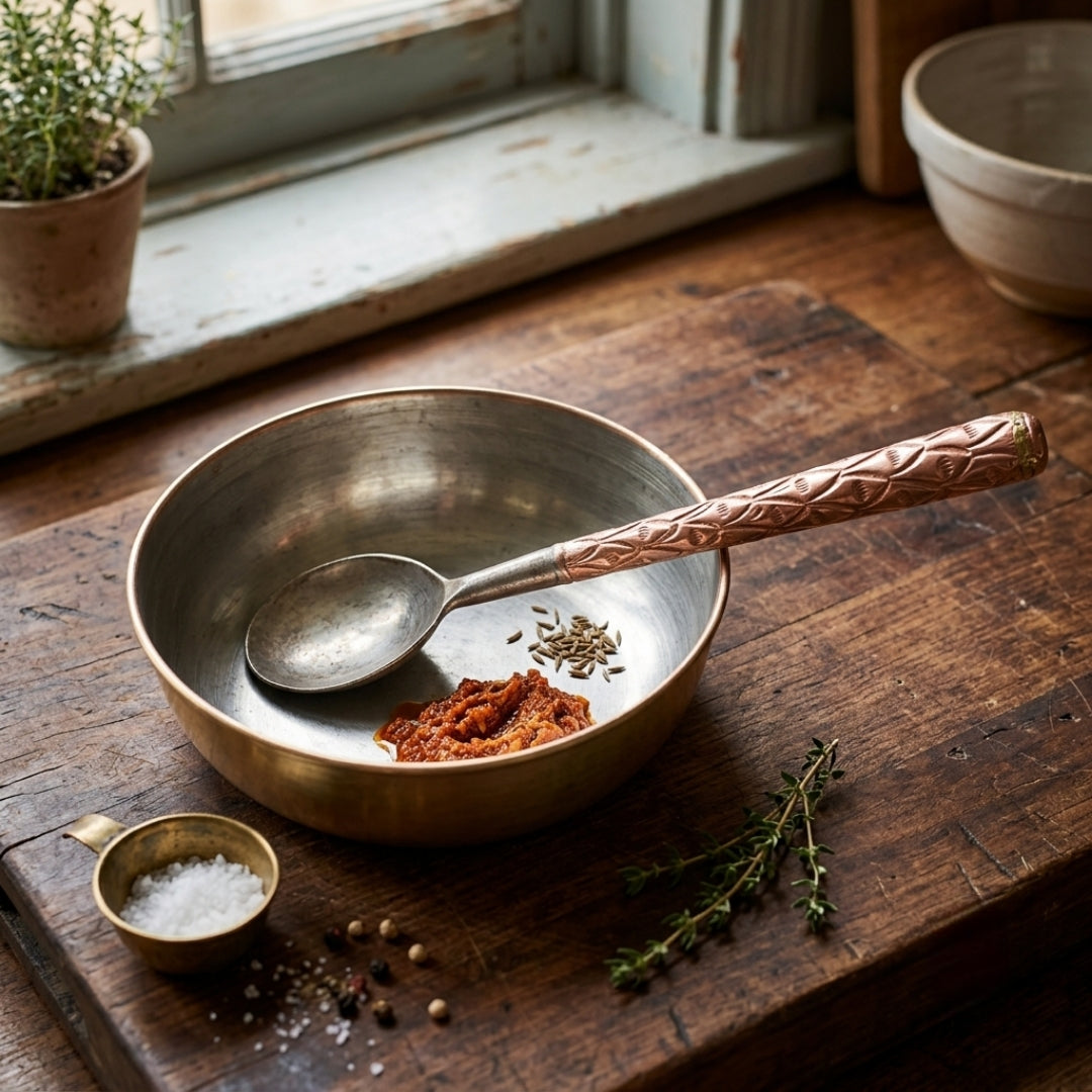 Antique Brass Bowl with Ladle | Deep Serving Vessel and Spoon | Made in 1978