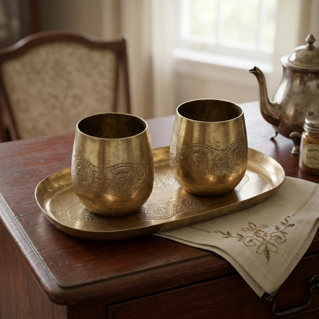 Antique Brass Serving Tray and Glass Set | Decorative Drinkware and Tray Collection | Made in 1978