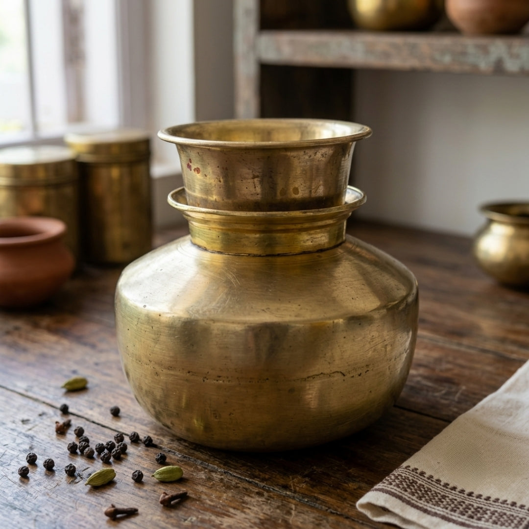 Antique Brass Kalash with Pyala | Ritual Pot and Cover Set | Made in 1978