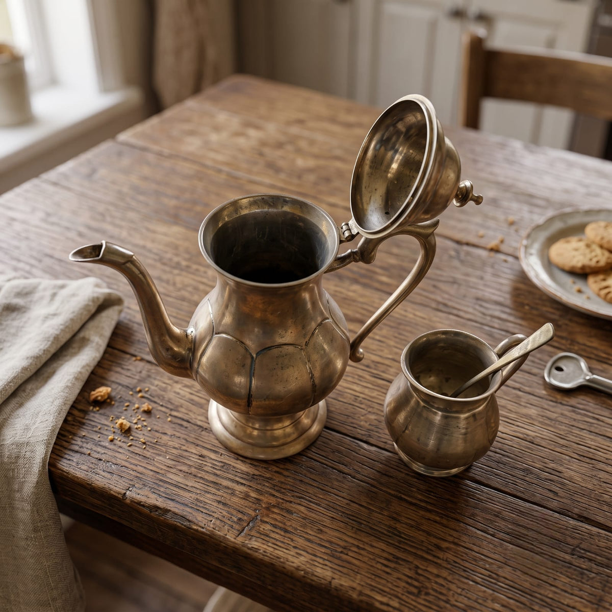 Antique Brass Tea Pot and Creamer Set | Traditional Fluted Beverage Serving Pair | Made in 1978