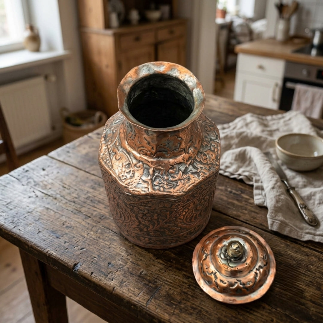 Antique Copper Small Engraved Storage Box | Traditional Relief-Etched Container | Made in 1971