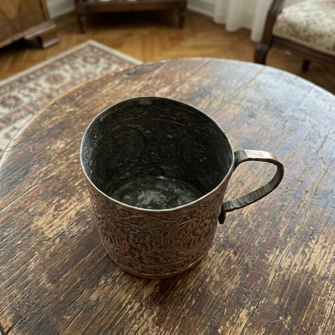 Antique Copper Embossed Mug | Traditional Hand-Carved Drinking Vessel | Made in 1968