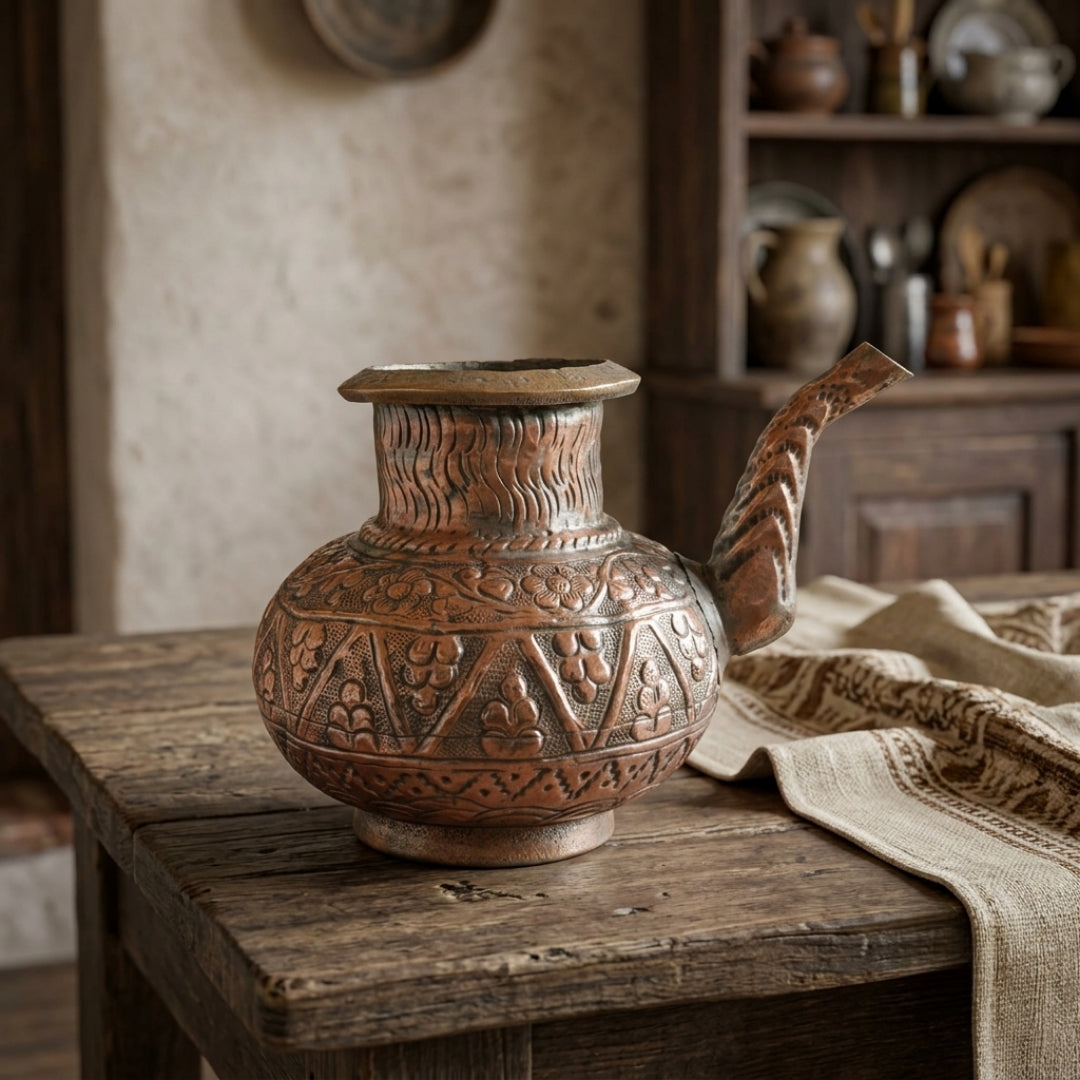 Antique Copper Hand-Carved Lota | Traditional Relief-Etched Water Vessel | Made in 1967