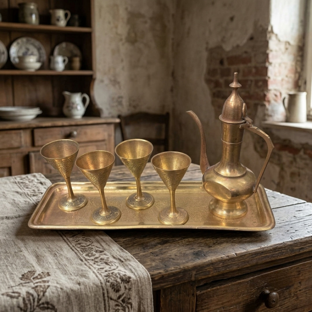 Antique Brass Beverage Server Set | Jug, Four Goblets, and Serving Tray | Made in 1968