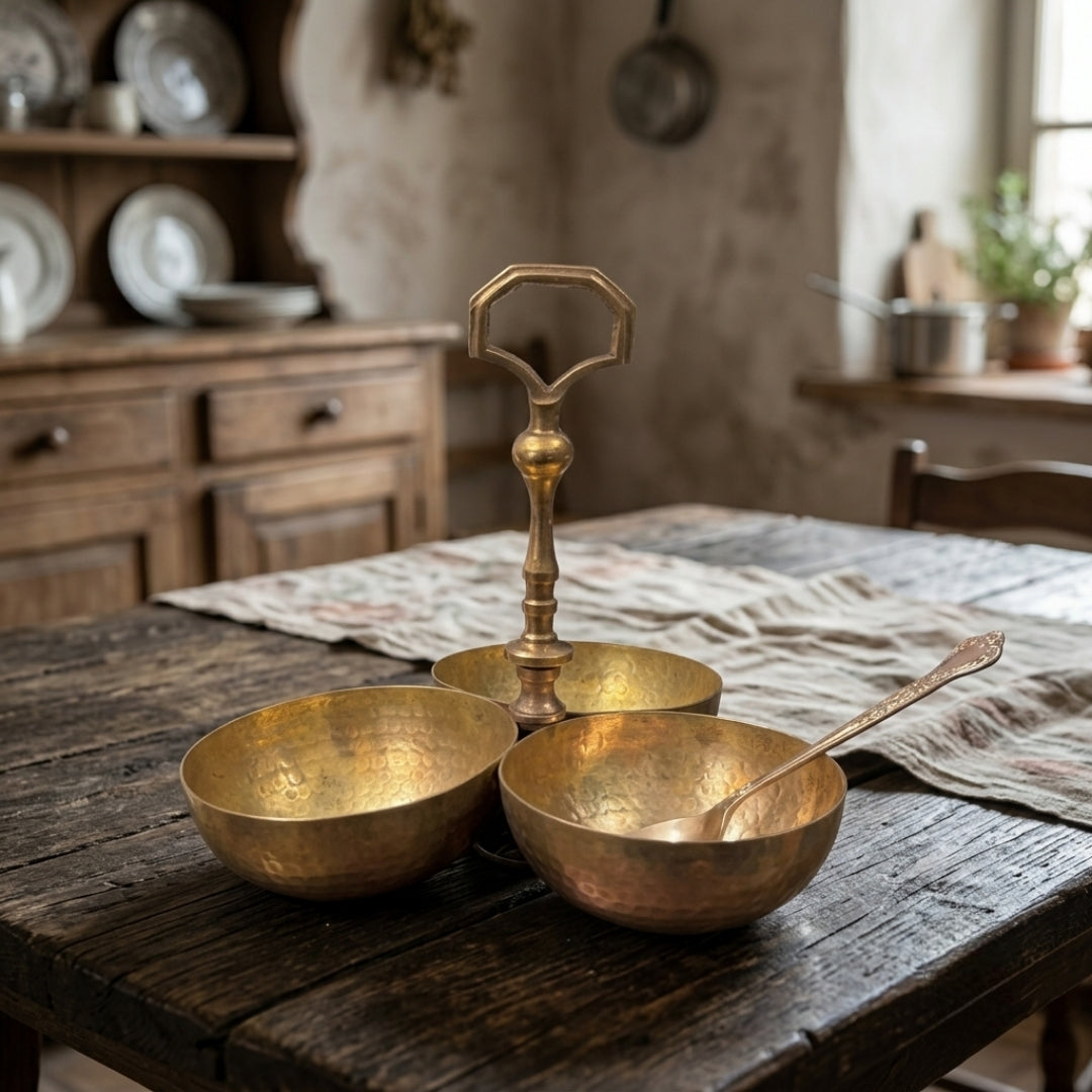 Antique Brass Triple-Bowl Condiment Server | Premium Tabletop Serving Caddy | Made in 1976