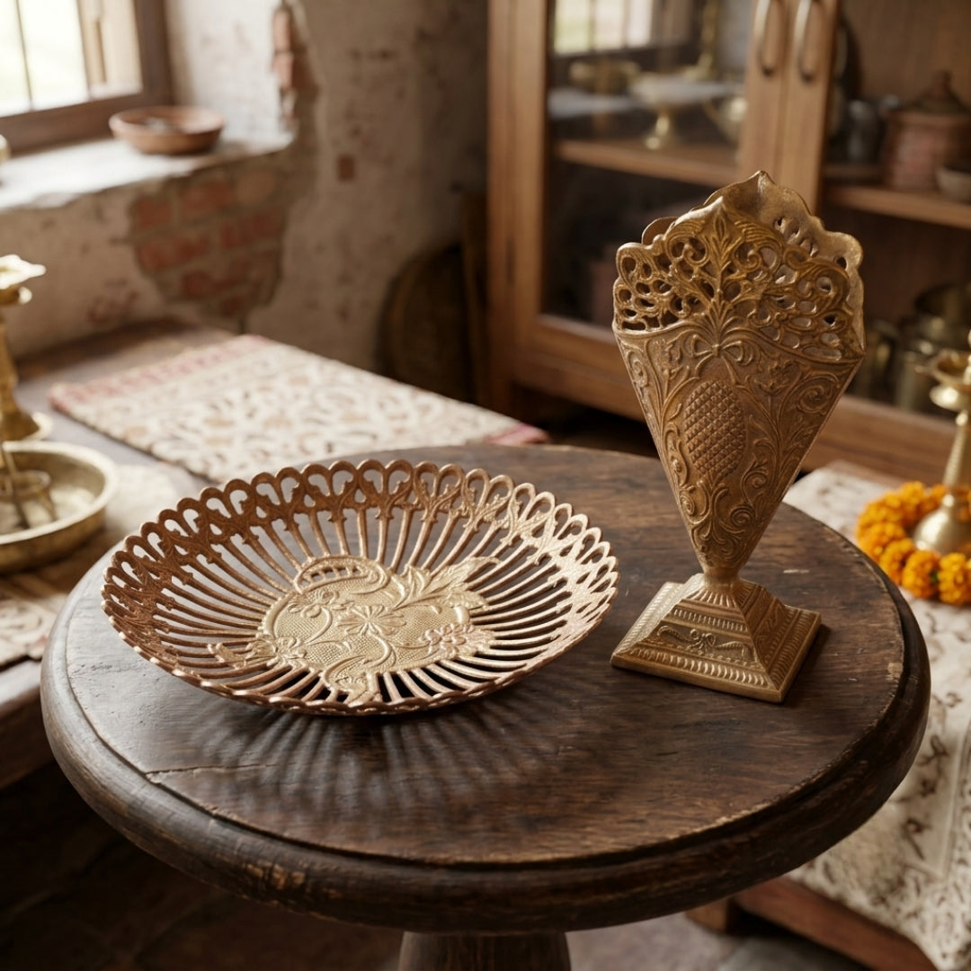 Antique Brass Pierced Bowl and Vase | Premium Filigree Decor Set | Made in 1971