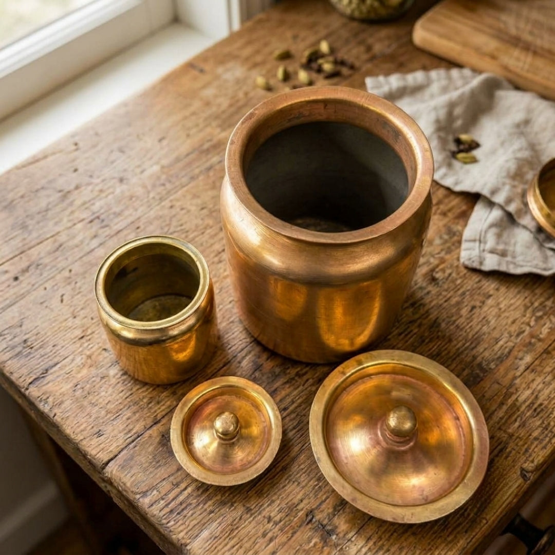 Antique Brass Canister Set in Pair | Traditional Lidded Storage Jars | Made in 1979