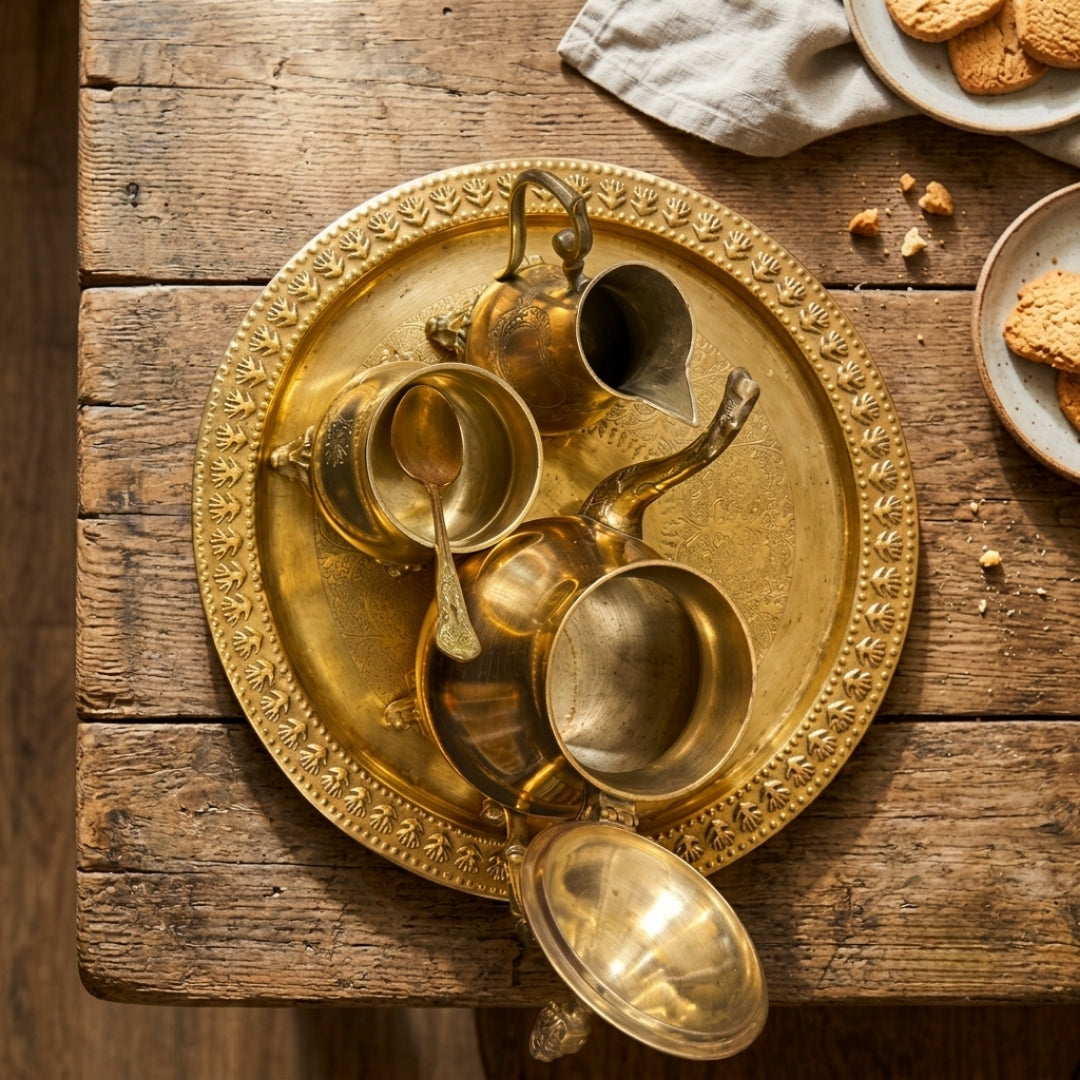 Antique Brass Tea Set with Serving Tray | Traditional Lidded Teapot, Creamer, Sugar Bowl, and Platter | Made in 1978