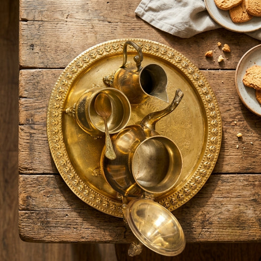Antique Brass Tea Set with Serving Tray | Traditional Lidded Teapot, Creamer, Sugar Bowl, and Platter | Made in 1978 - Bombay Antiques