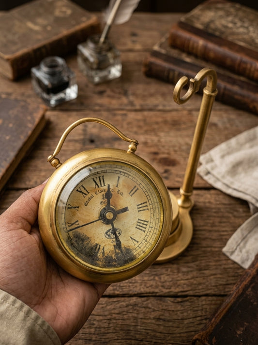 Antique Brass Hanging Decor Clock | Traditional Pocket-Watch Style Desk Timepiece | Made in 1971 - Bombay Antiques