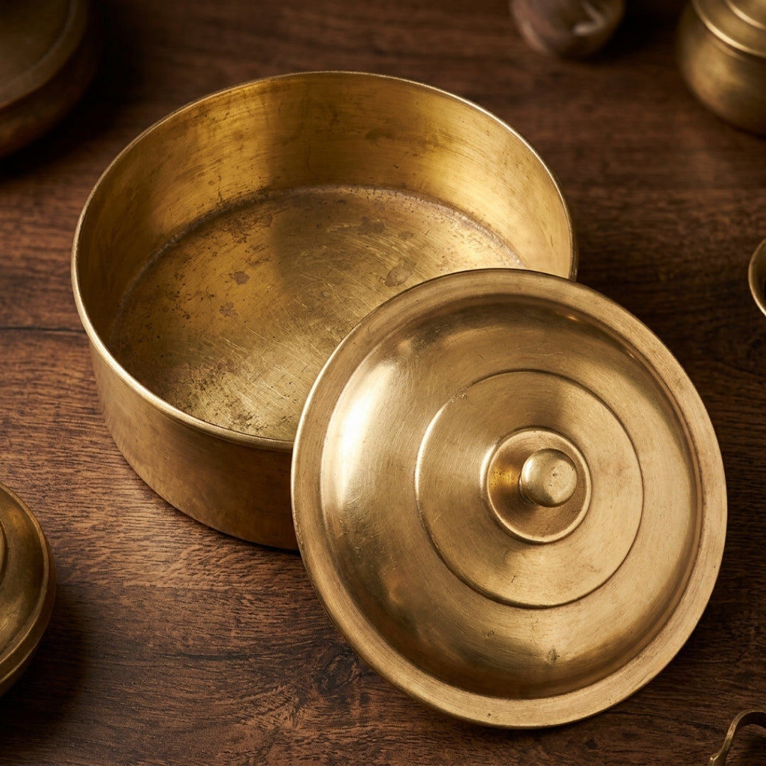 Antique Brass Chapati Box | Traditional Lidded Storage Container | Made in 1971