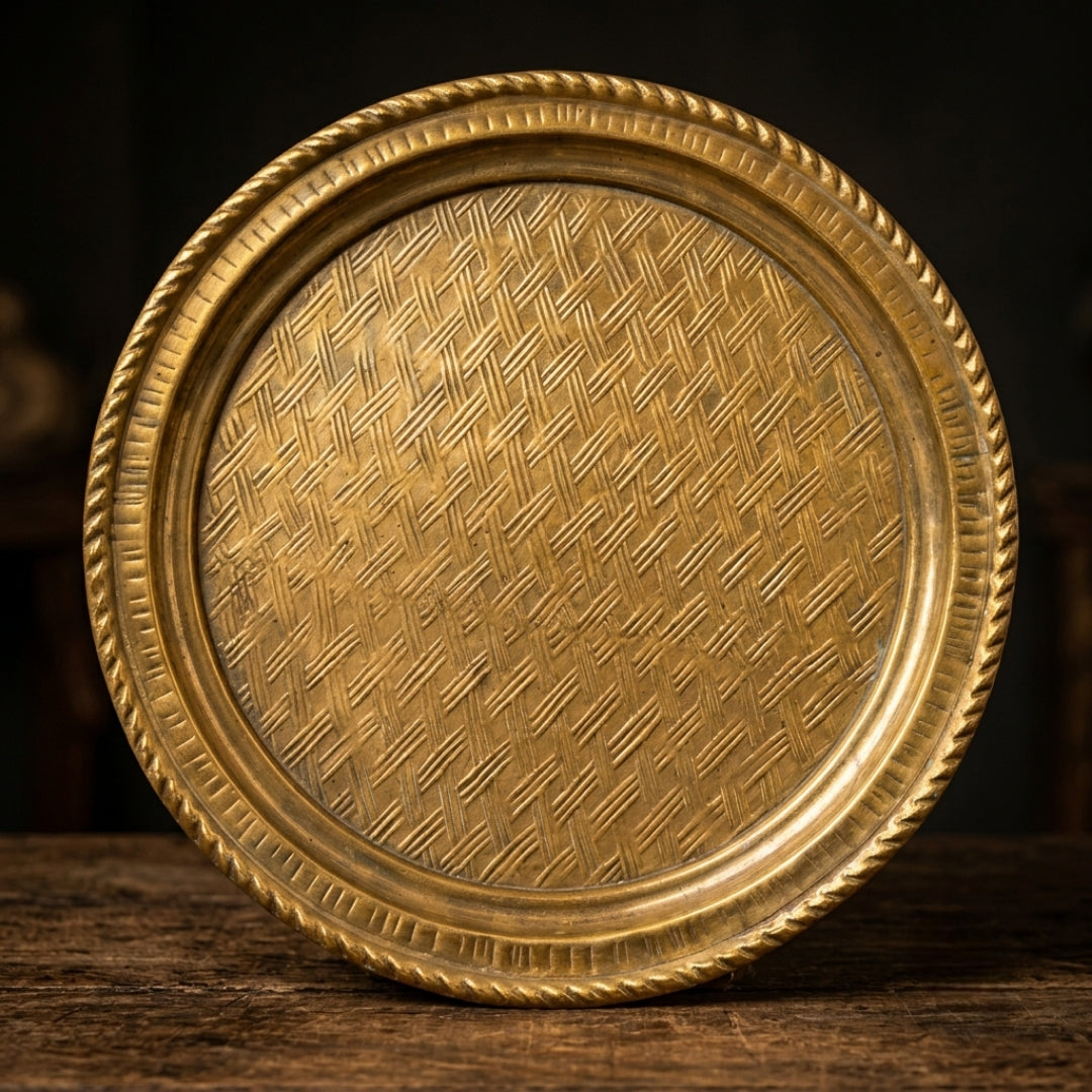 Antique Brass Decorative Plate Set in Pair | Traditional Woven-Texture Serving Platters | Made in 1971