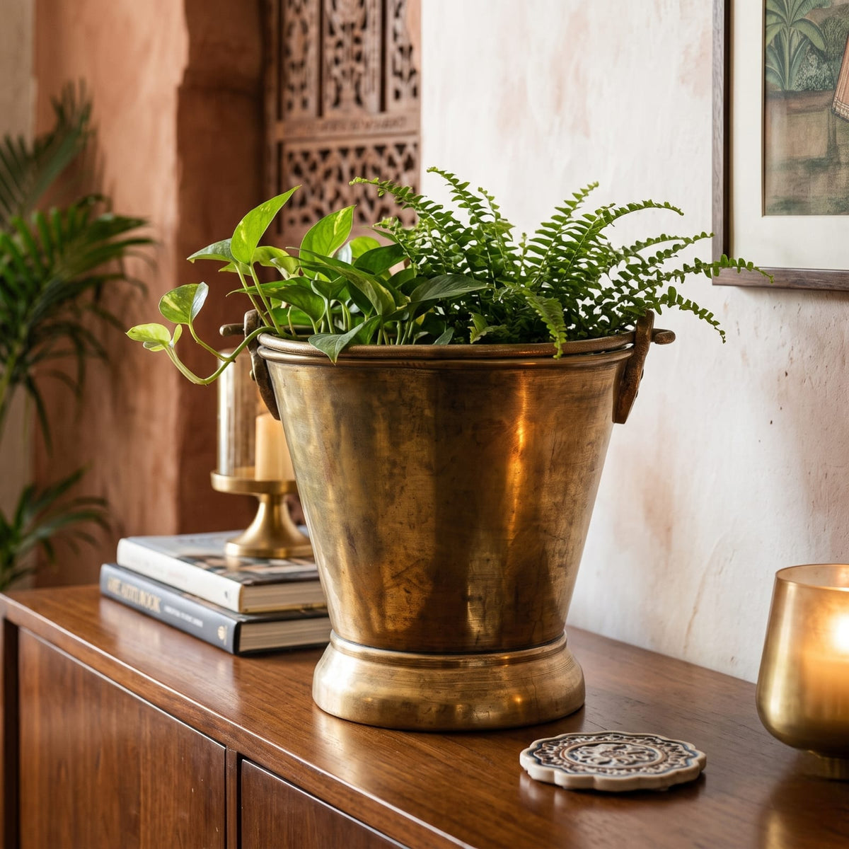 Antique Brass Bucket | Traditional Pedestal Planter and Storage Vessel | Made in 1979
