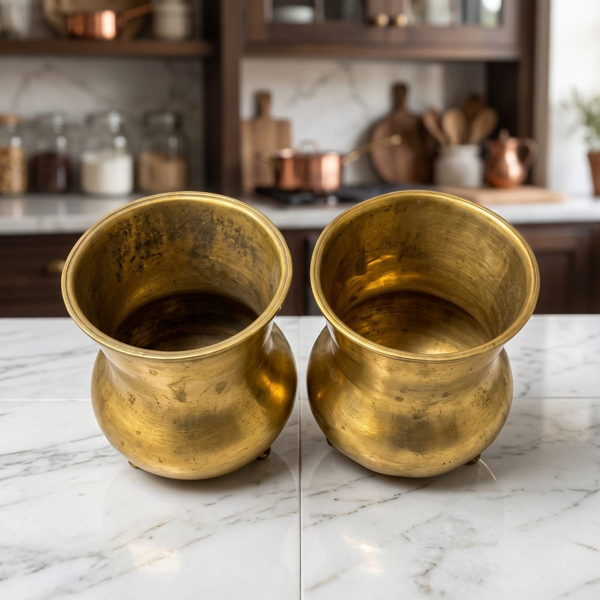 Antique Brass Glass Set in Pair | Traditional Bulbous Drinking Vessels | Made in 1974
