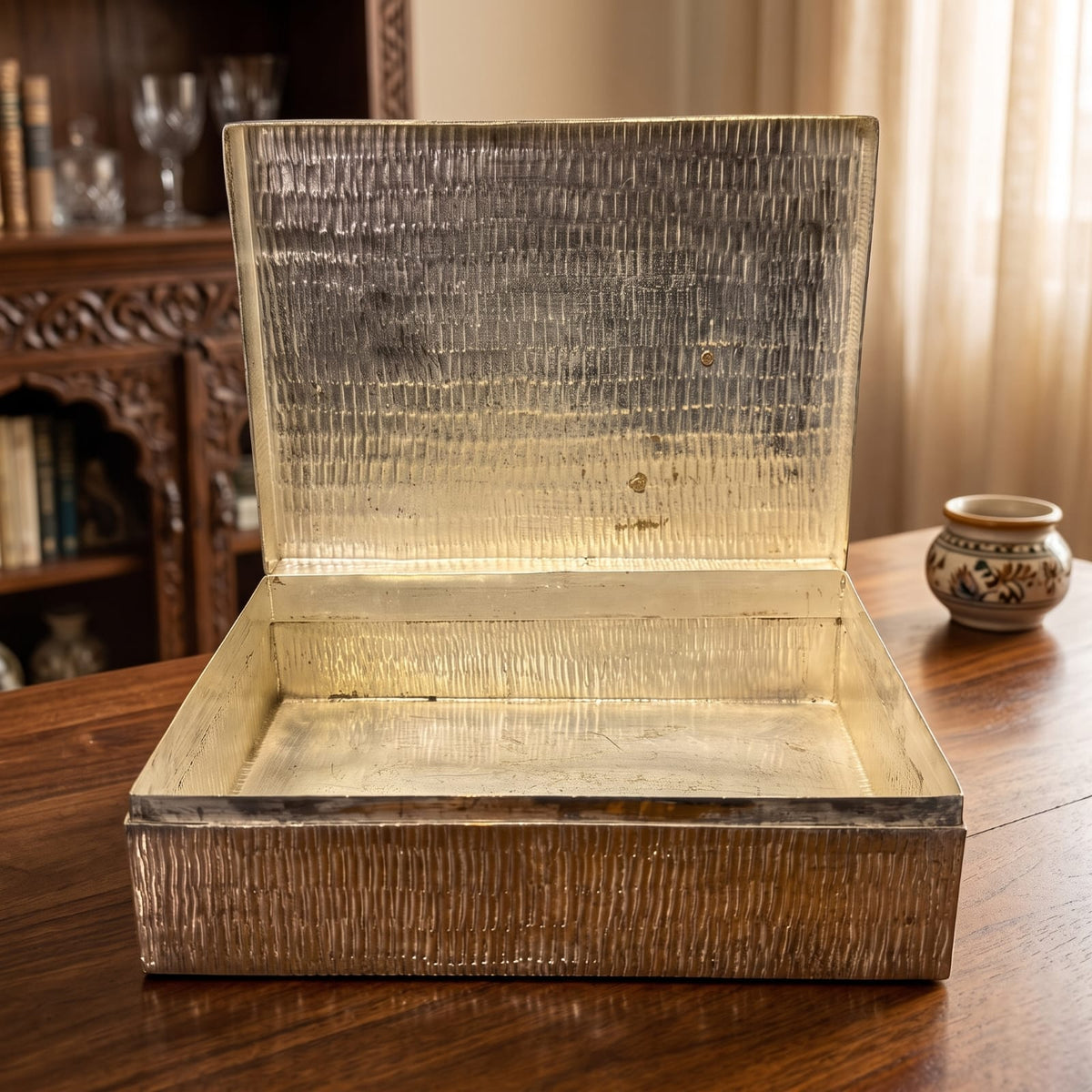 Antique Brass Dabba | Traditional Textured Storage Box with Leaf Accent | Made in 1978