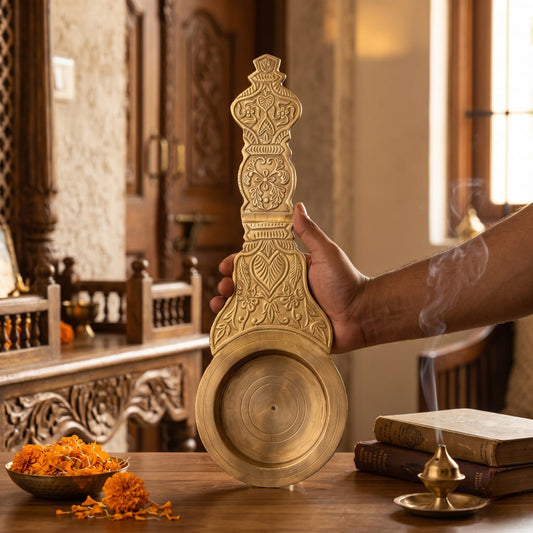 Antique Brass Diya | Traditional Handheld Oil Lamp with Ornate Floral Handle | Made in 1979 - Bombay Antiques