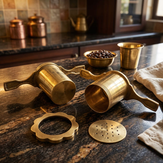 Antique Brass Lemon Crusher and Semai-Noodles Maker | Traditional Hand-Operated Kitchen Press with Dual Handles and Lid | Made in 1981