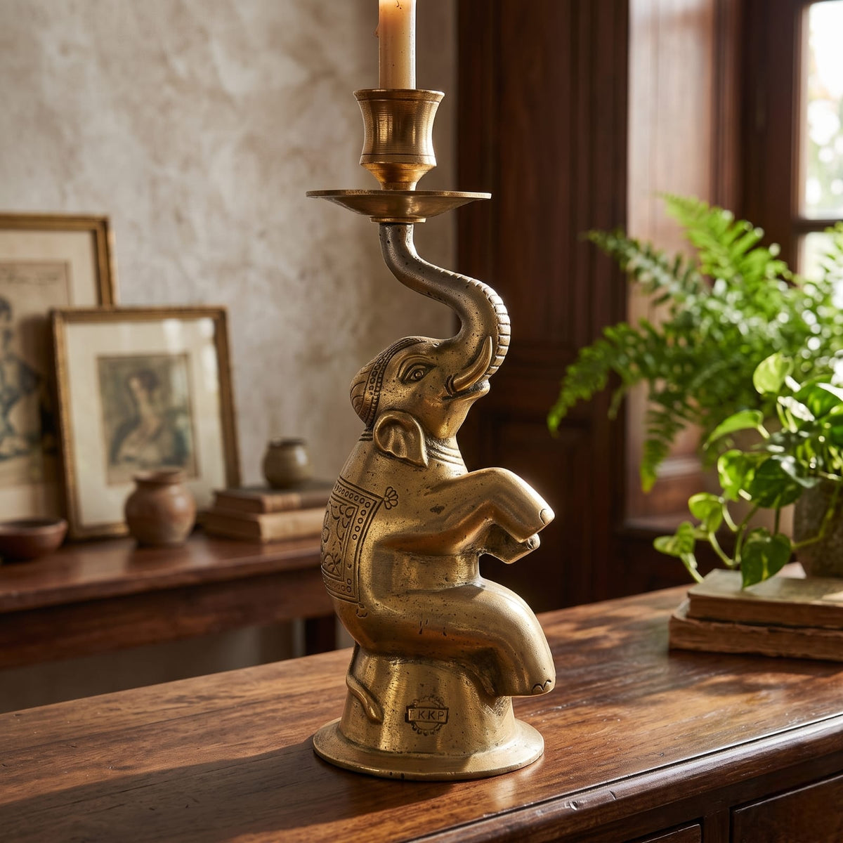 Antique Brass Engraved Elephant Candle Holder | Traditional Seated Figurine Taper Holder | Made in 1972