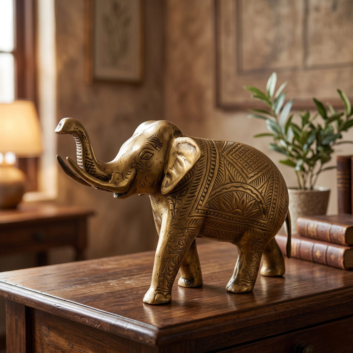 Antique Brass Engraved Elephant | Traditional Ornate Figurine Sculpture | Made in 1972