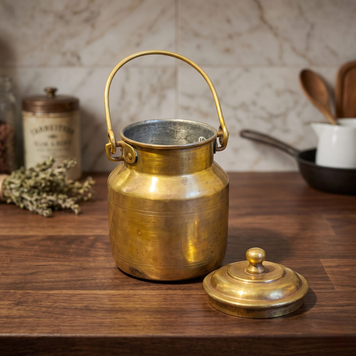 Antique Brass Small Storage Canister | Traditional Lidded Canister with Carrying Handle | Made in 1978