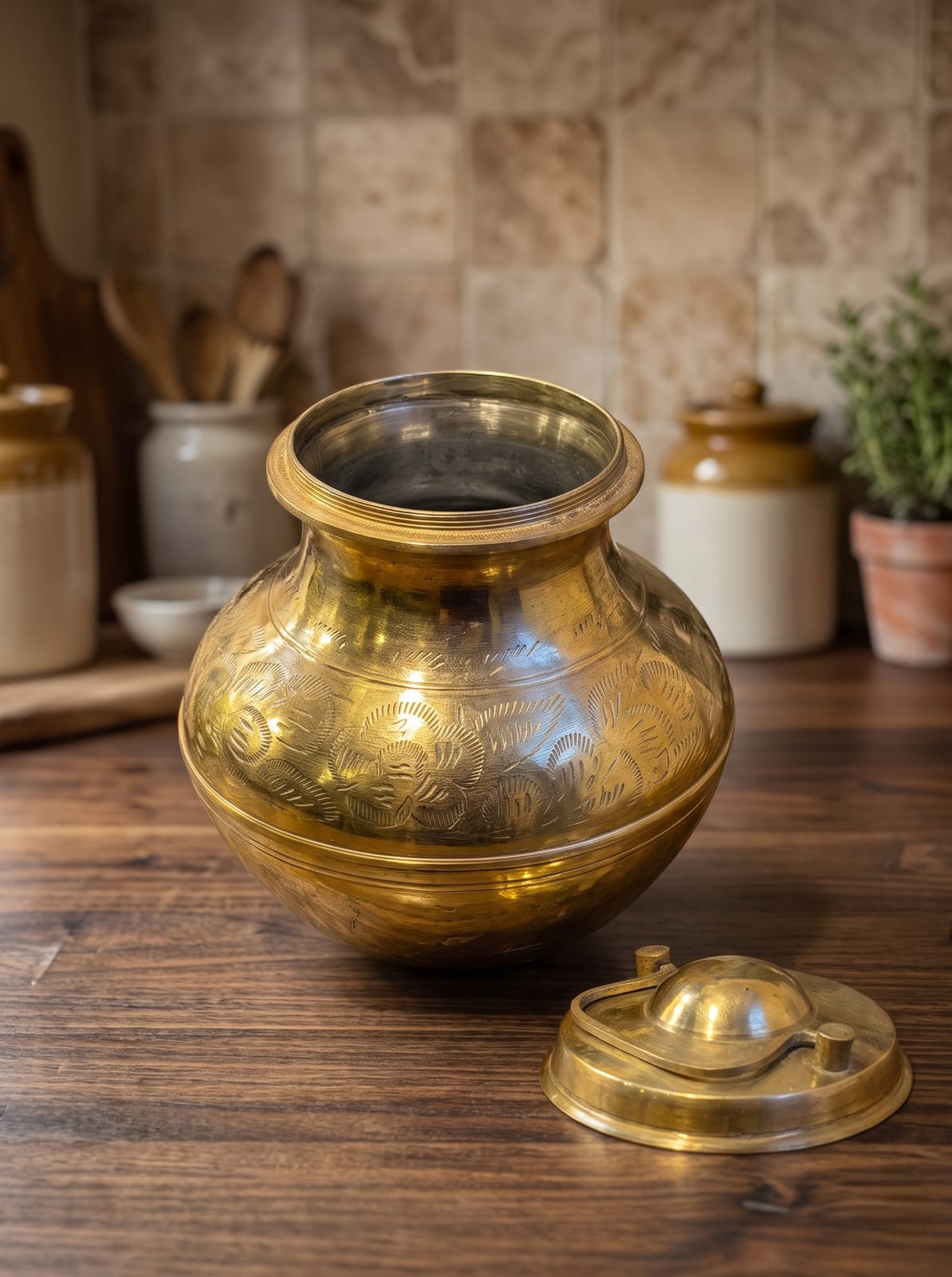 Antique Brass Engraved Gangajal | Traditional Lidded Water Pot with Floral Etchings and Carrying Handle | Made in 1978