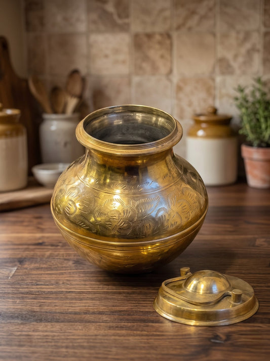 Antique Brass Engraved Gangajal | Traditional Lidded Water Pot with Floral Etchings and Carrying Handle | Made in 1978