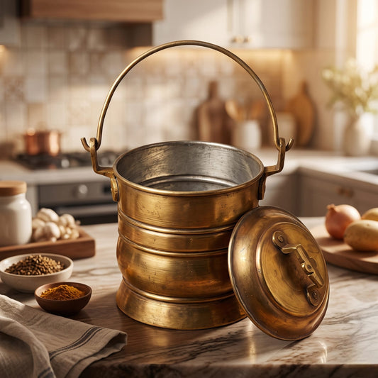 Antique Brass Small Bucket with Handle | Traditional Lidded Storage Pail | Made in 1976