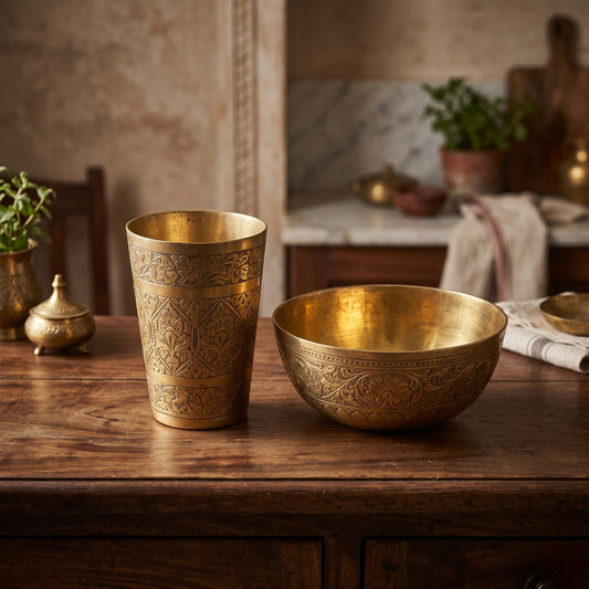 Antique Brass Engraved Glass and Bowl Set in Pair | Traditional Floral Etched Drinking Vessel and Serving Bowl | Made in 1974