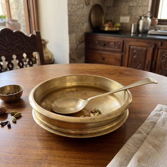 Antique Bronze Urli with Spoon | Traditional Shallow Serving Vessel with Matching Spoon | Made in 1971