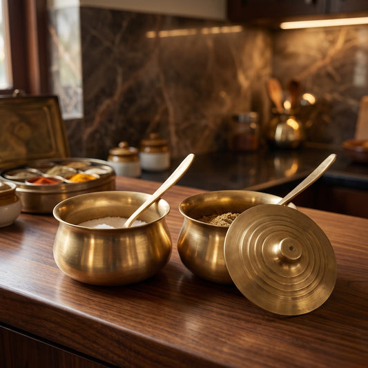 Antique Bronze Serving Bowl Set in Pair | Traditional Lidded Bowl and Open Serving Pot with Spoons | Made in 1972