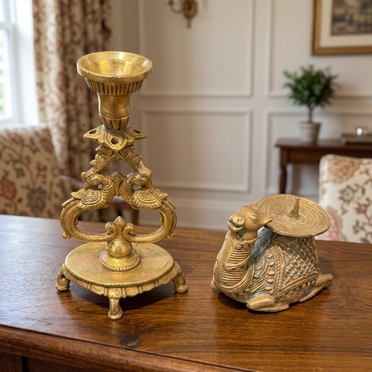 Antique Brass Engraved Candlestick and Camel Figurine Set | Traditional Ornate Decor Collection | Made in 1971 - Bombay Antiques
