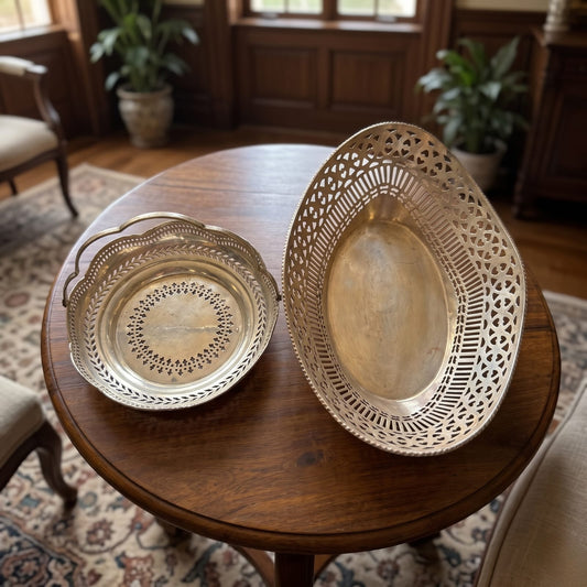 Antique Brass Pierced Basket Set in Pair | Traditional Openwork Decorative Fruit and Utility Bowls | Made in 1970 - Bombay Antiques