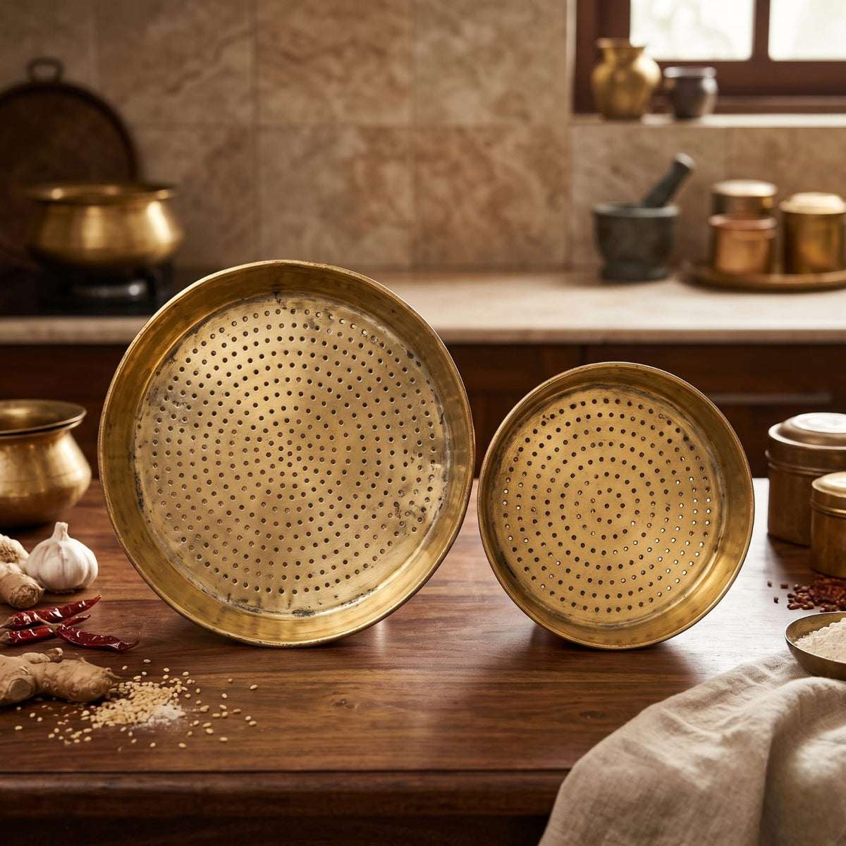 Antique Brass Channi Set in Pair | Traditional Perforated Sifters and Strainers | Made in 1979