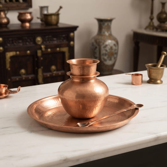 Antique Copper Kalash Set | Traditional Hammered Ceremonial Vessel, Plate, and Spoon Collection | Made in 1970 - Bombay Antiques