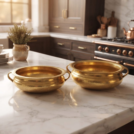 Antique Brass Urli Set in Pair | Traditional Hand-Finished Serving Bowls with Side Handles | Made in 1978 - Bombay Antiques