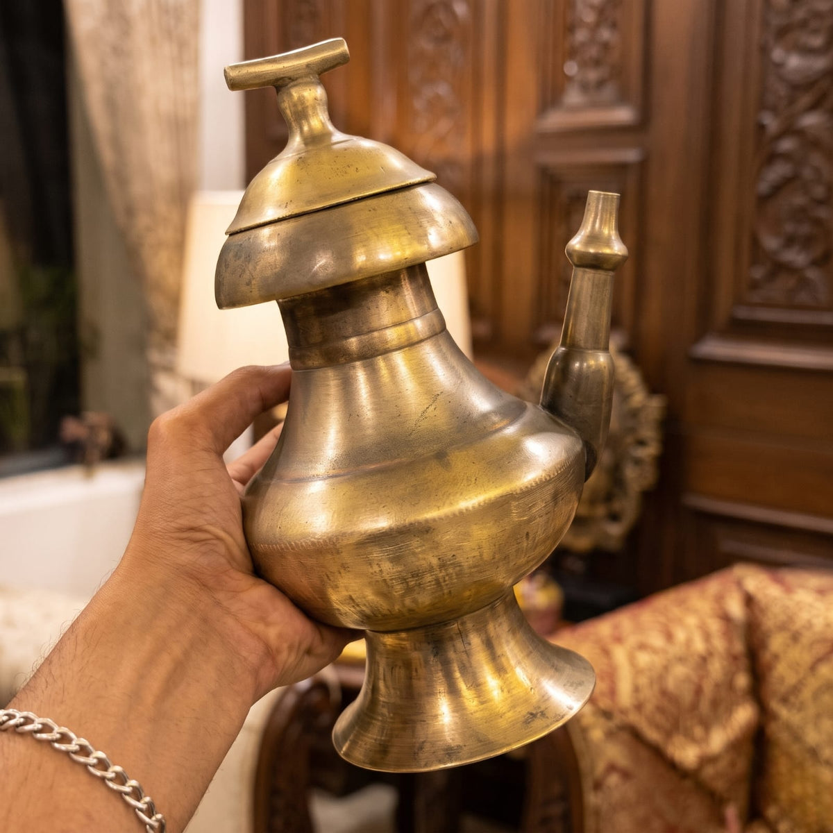 Antique Brass Rare Kamandal Set in Pair | Traditional Spouted Ceremonial Water Vessels with Lids | Made in 1959