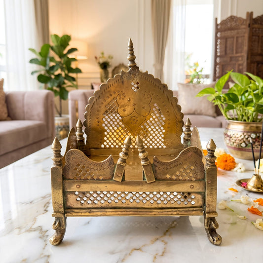 Antique Brass Singasan | Traditional Ornate Deities Throne and Altar Seat | Made in 1974 - Bombay Antiques