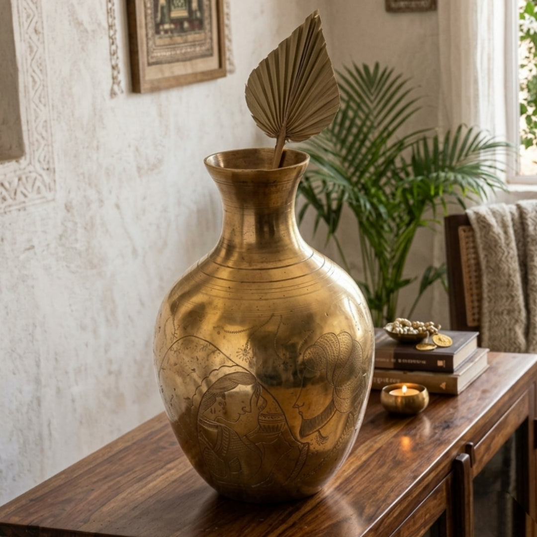 Antique Brass Figural Engraved Flower Vase | Heavy-Gauge Decorative Vessel | Made in 1978