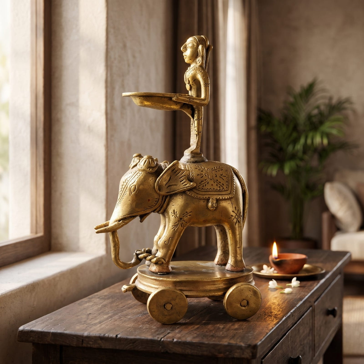 Antique Brass Elephant Diya with Rolling Wheels | Heavy-Gauge Figural Oil Lamp | Made in 1972