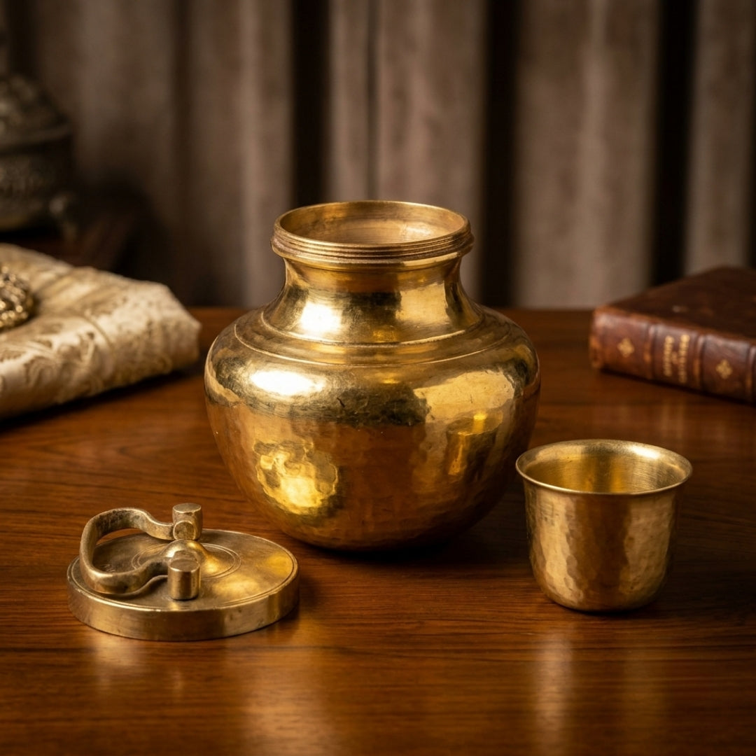 Antique Brass Gangajal Kalash with Lid and Pyala | Heavy-Gauge Ceremonial Vessel | Made in 1977