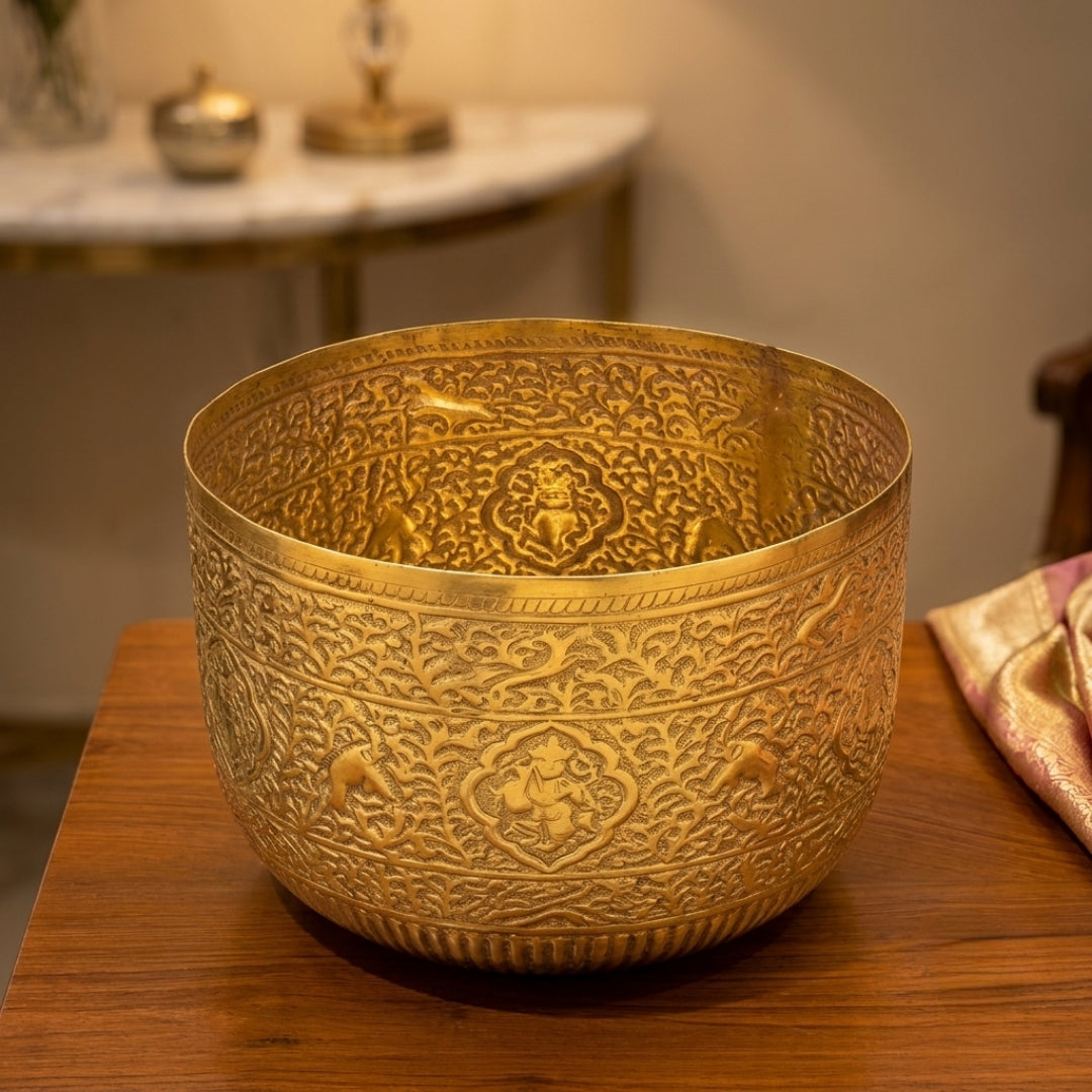 Antique Brass Relief-Engraved Planter | Heavy-Gauge Decorative Jardinière | Made in 1967