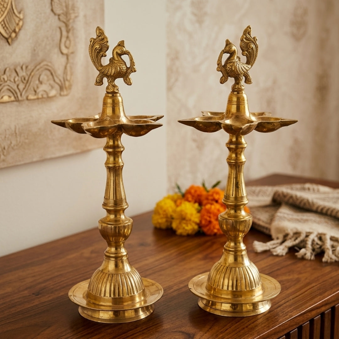 Antique Brass Standing Peacock Diya Set of 2 | Heavy-Gauge Ceremonial Kuthu Vilakku | Made in 1978