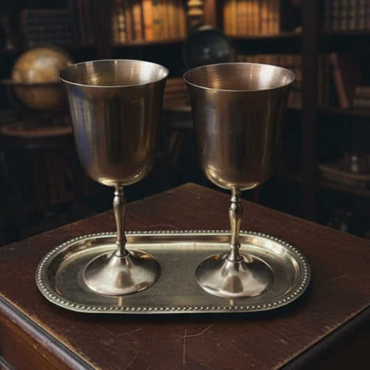 1986 Antique Brass Wine Glass Set With Tray | Classic Brass Tableware Pair
