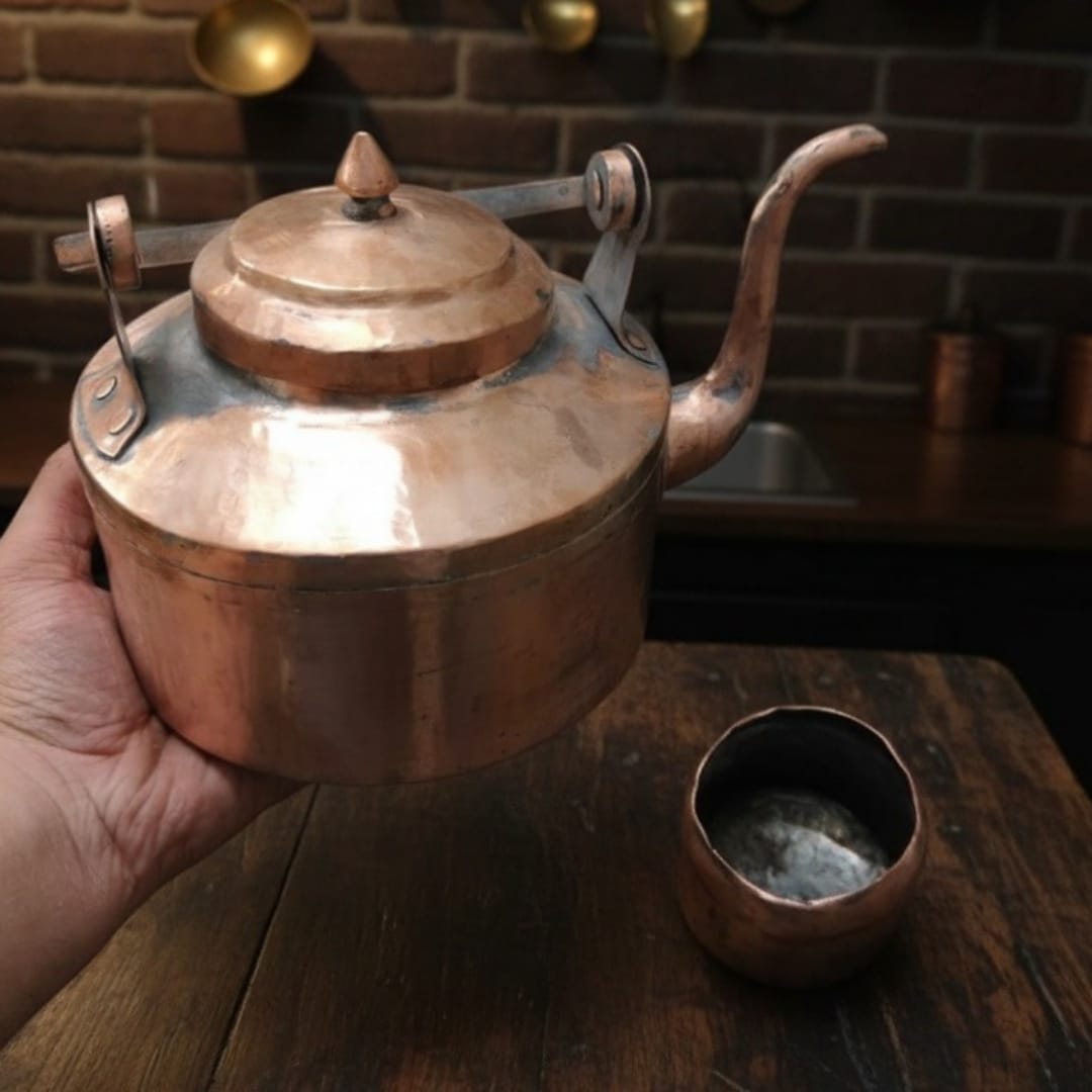 1984 Antique Copper Kettle with Glass | Copper Serveware Collectible
