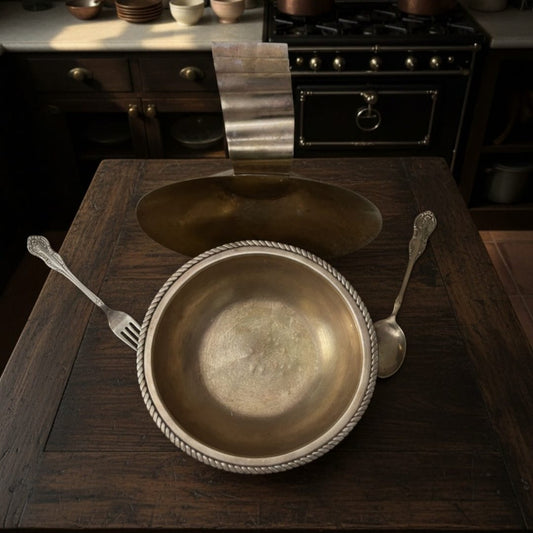 1990 Antique Brass Serving Bowl with Spoons & Ladle | Brass Tableware Set