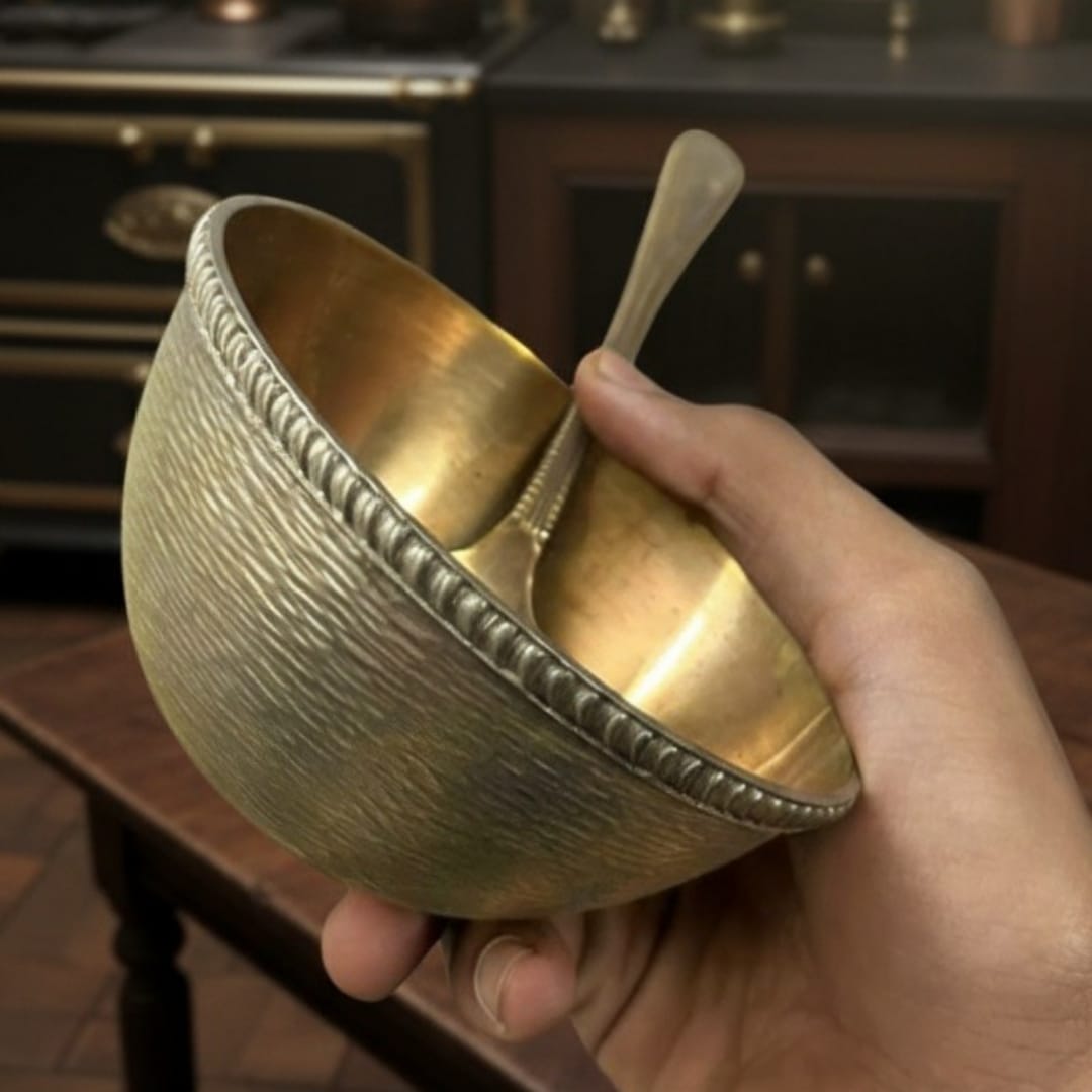 1974 Antique Brass Engraved Bowls Set of 5 with Spoons | Detailed Hand-Engraved Brass Tableware Set