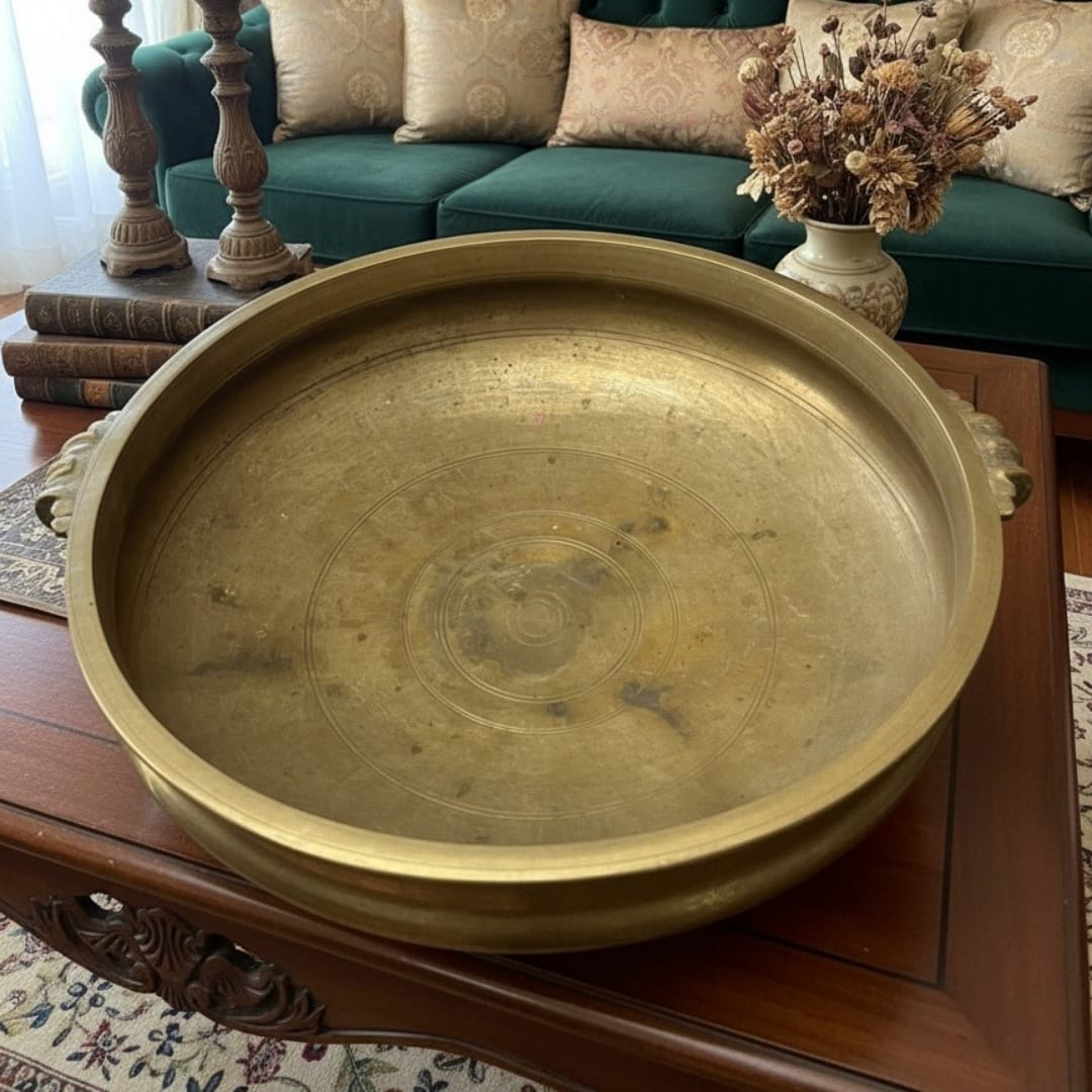 1975 Antique Brass Heavy Urli | Monumental Floral Water Bowl