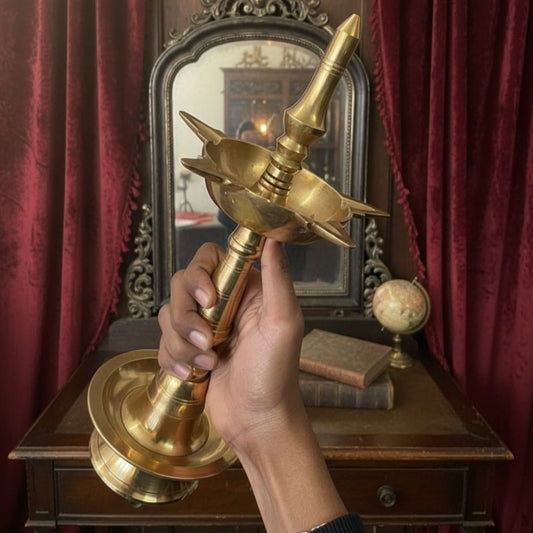 1981 Antique Brass Samay Diya Pair | Traditional South Indian Lamps