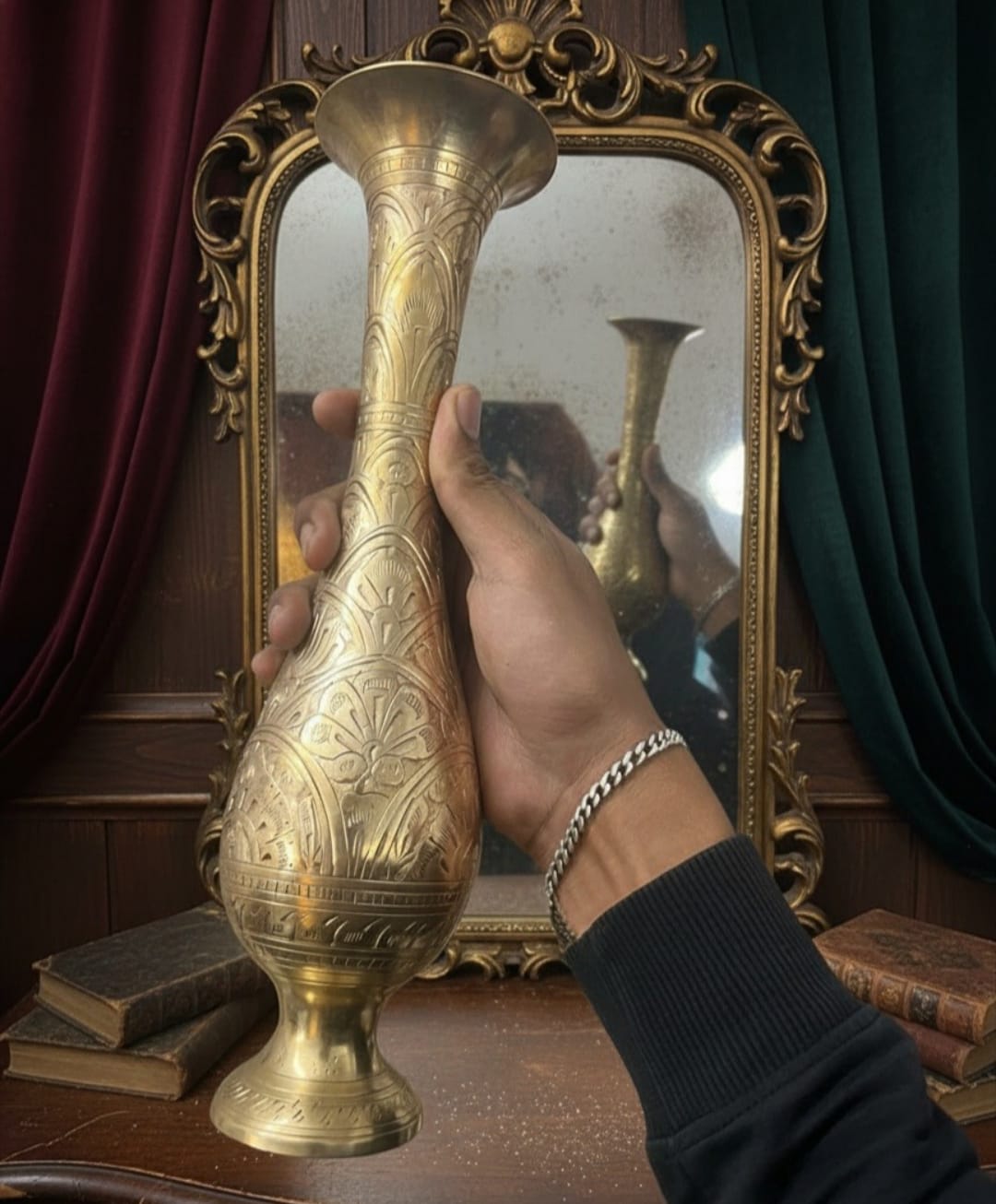 1982 Antique Brass Engraved Vase Pair | Tall Decorative Brass Vases