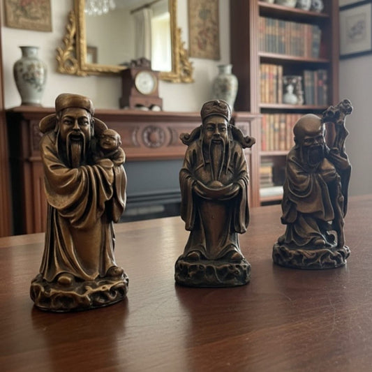 1997 Antique Terracotta Feng Shui Art Set of 3 | Elegant Decorative Trio